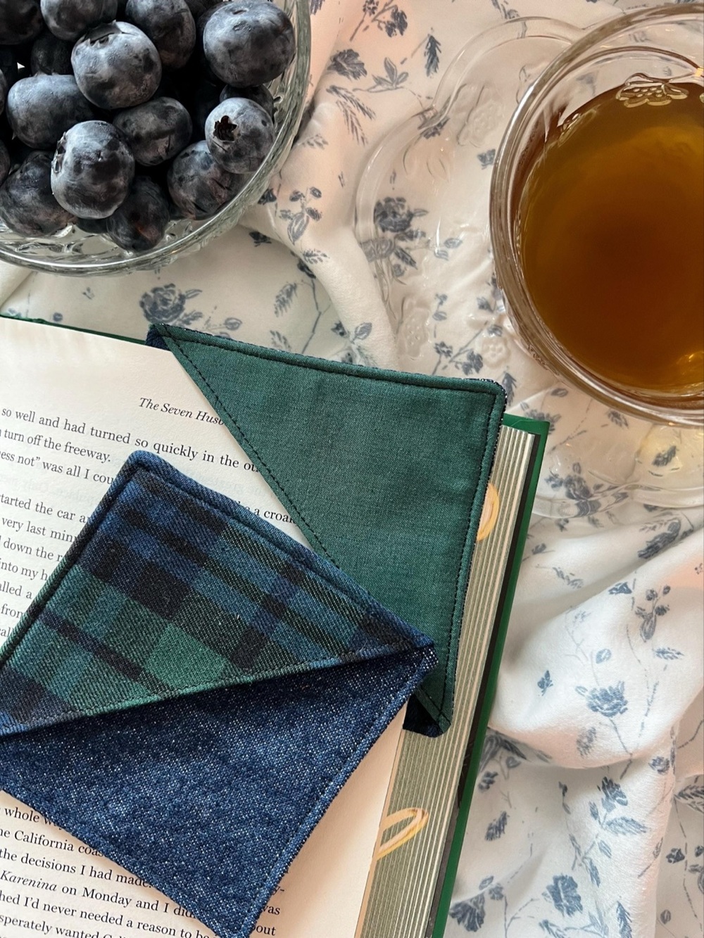 Handmade Navy Green Tartan Plaid Corner Bookmark Set